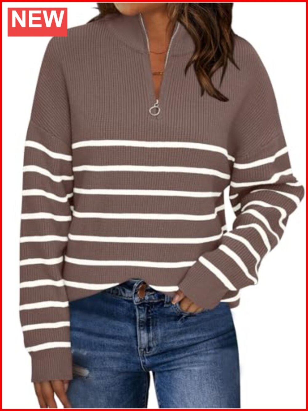 Womens Quarter Zip Striped Oversized Sweater Ribbed Knit Fall Pullover